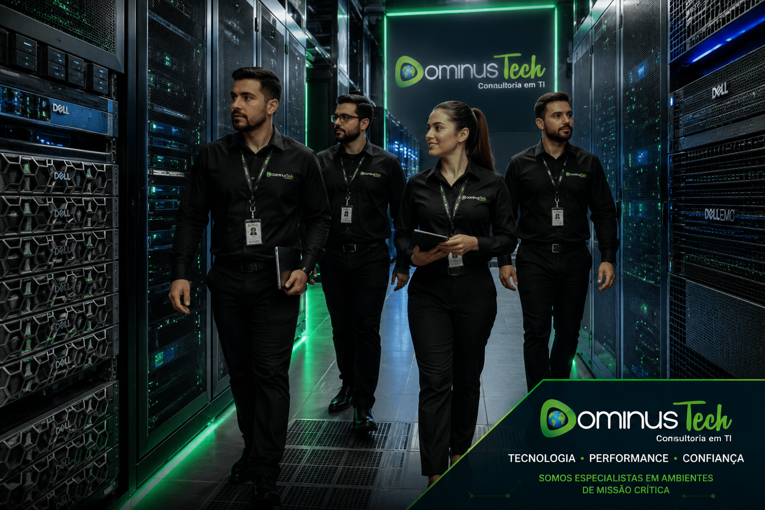 Equipe da Dominus Tech caminhando por um moderno datacenter corporativo entre servidores Dell e storages Dell, monitorando infraestrutura crítica de TI, armazenamento de dados, disponibilidade e ambientes empresariais de alta performance.