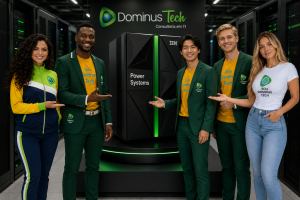 Equipe multicultural da Dominus Tech composta por profissionais especializados em tecnologia apresentando uma infraestrutura IBM Power para Inteligência Artificial. O ambiente corporativo destaca o equipamento em um datacenter moderno, demonstrando soluções para IA, Analytics Avançado, Machine Learning e processamento de dados empresariais.