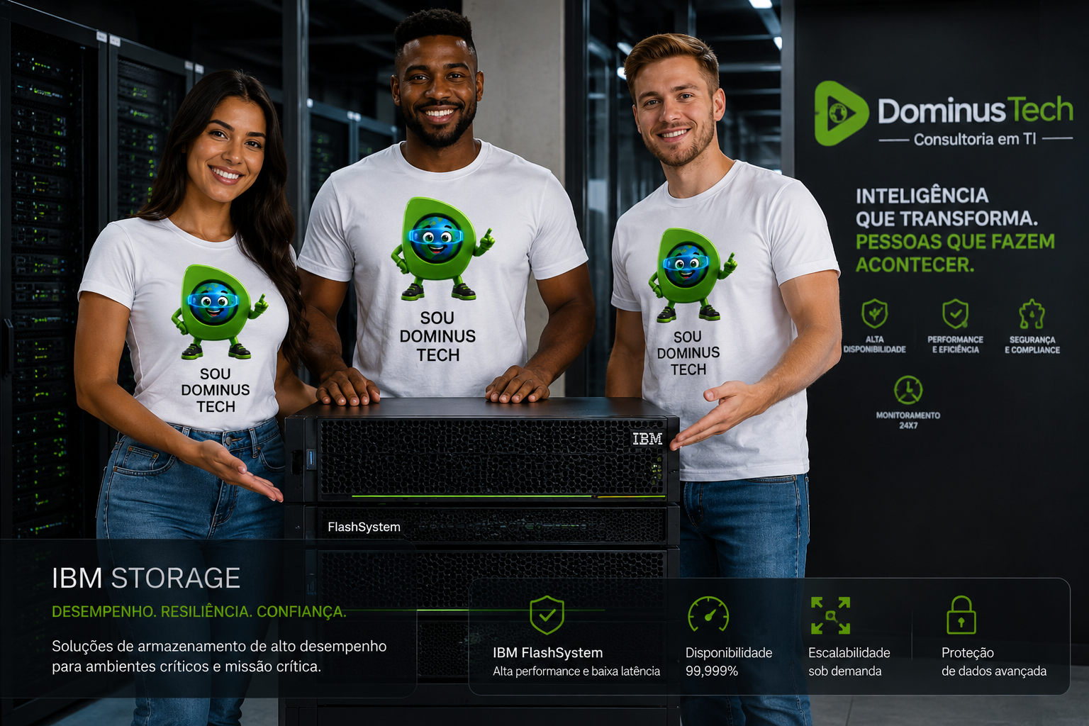 Equipe da Dominus Tech composta por especialistas de TI apresentando soluções IBM Storage para armazenamento corporativo, alta disponibilidade, virtualização, proteção de dados e infraestrutura empresarial.