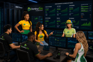 Equipe Dominus Tech monitorando bancos de dados corporativos em ambiente IBM Power com dashboards de performance, disponibilidade e infraestrutura de TI.