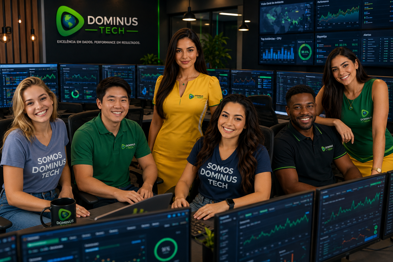 Equipe da Dominus Tech monitorando dashboards corporativos em tempo real em um centro de operações NOC enterprise com observabilidade, métricas de desempenho, analytics e monitoramento de infraestrutura crítica.
