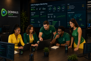 Equipe da Dominus Tech monitorando ambiente EDB Postgres com dashboards corporativos em tempo real, análise de performance, replicação, alta disponibilidade e administração de banco de dados empresarial.