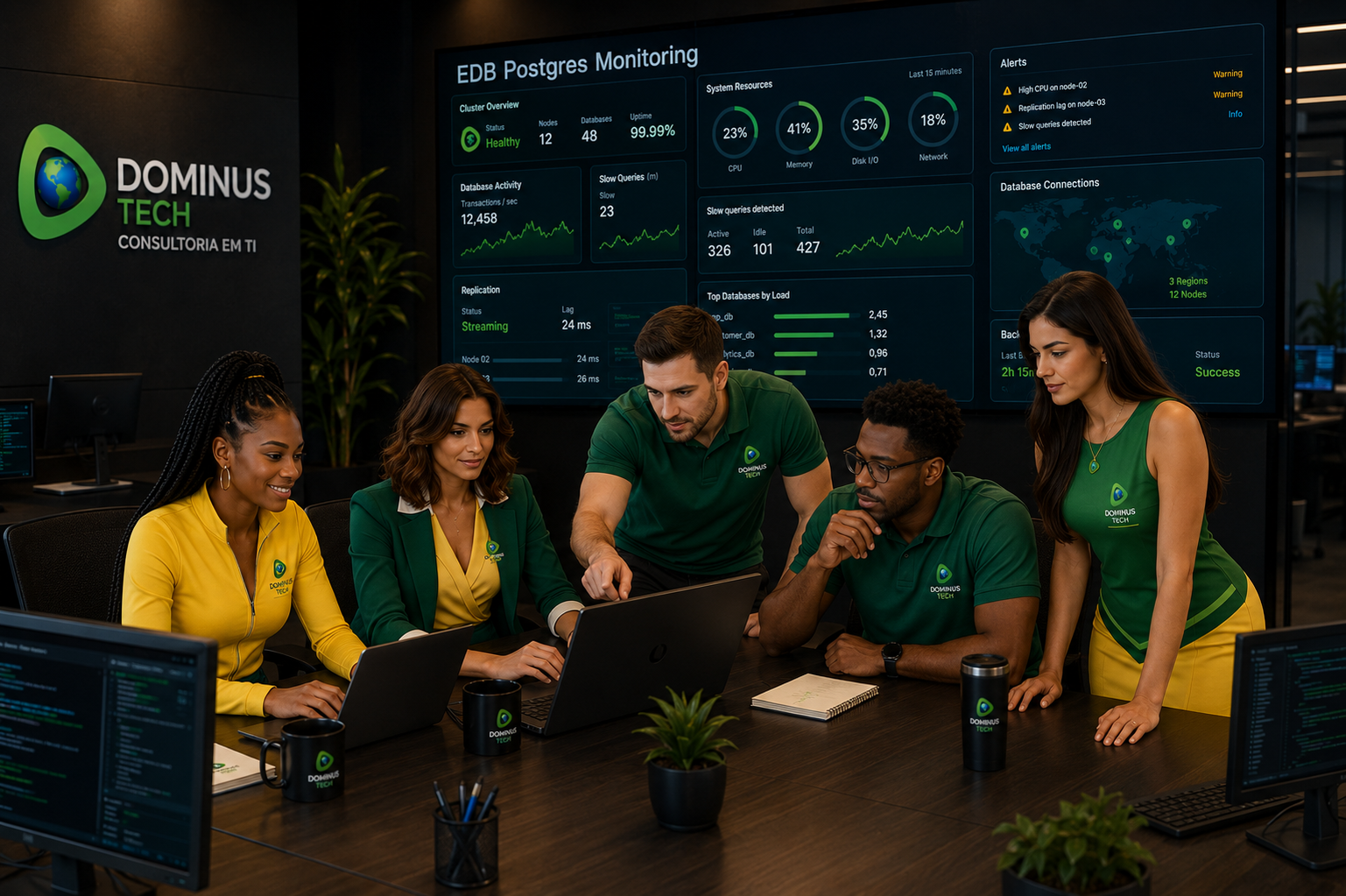 Equipe da Dominus Tech monitorando ambiente EDB Postgres com dashboards corporativos em tempo real, análise de performance, replicação, alta disponibilidade e administração de banco de dados empresarial.