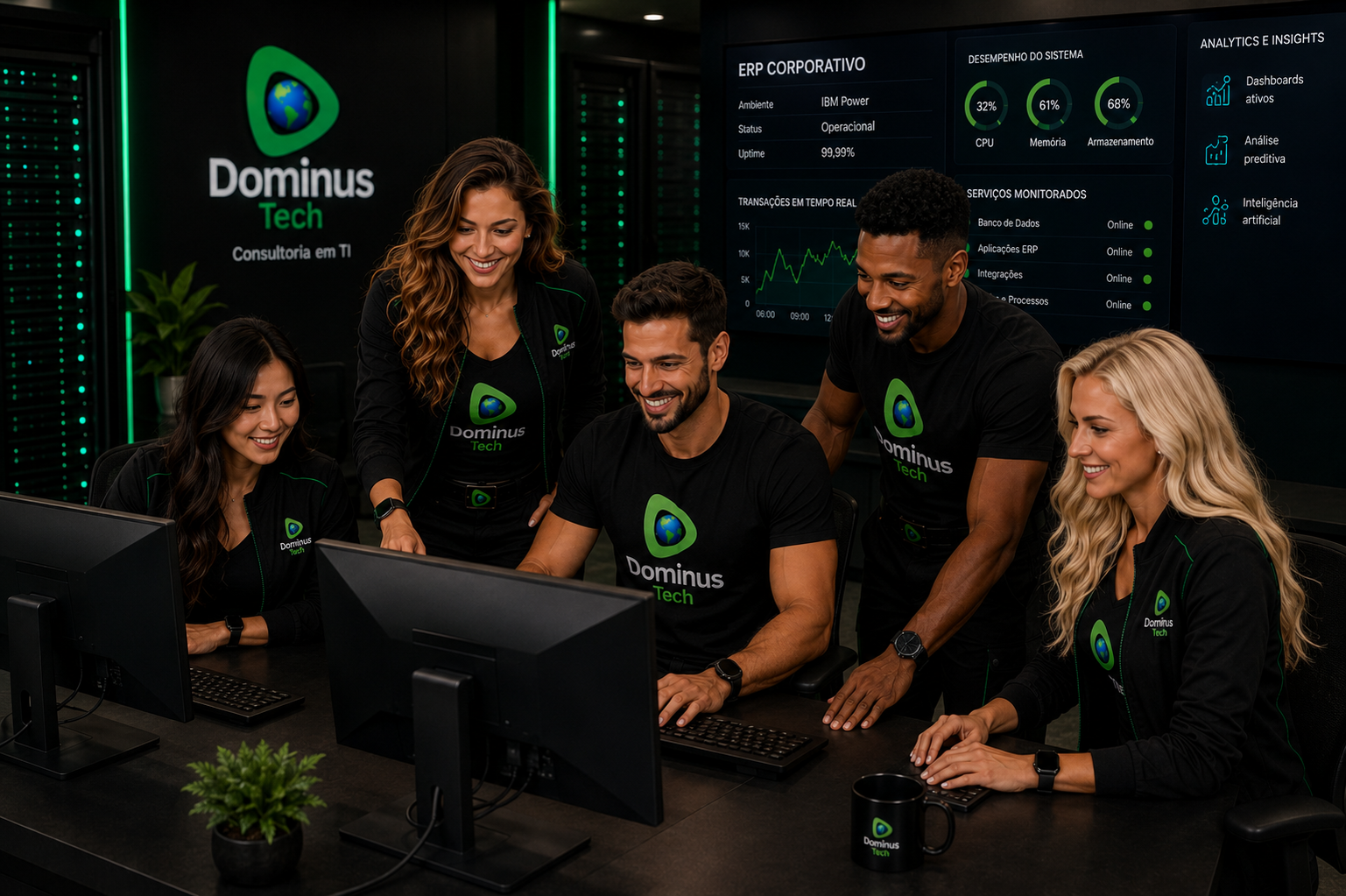 Equipe da Dominus Tech monitorando ambiente corporativo de ERP executando em IBM Power em um centro de operações moderno, utilizando dashboards de observabilidade, analytics e monitoramento em tempo real para garantir alta disponibilidade e desempenho empresarial.