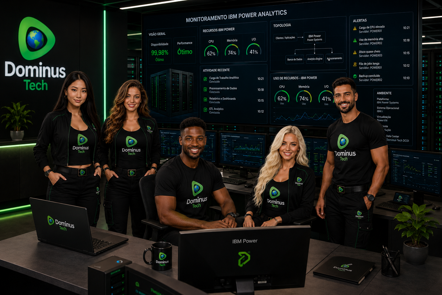 Equipe da Dominus Tech monitorando ambiente IBM Power Analytics em datacenter corporativo, com profissionais especializados acompanhando indicadores de desempenho, disponibilidade, capacidade e análises avançadas em painéis de observabilidade.