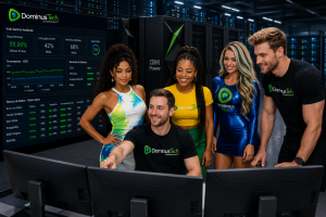Equipe da Dominus Tech monitorando servidores IBM Power executando Oracle Database, SAP HANA, PostgreSQL, EDB Postgres e IBM Db2 em um datacenter corporativo moderno com dashboards de observabilidade.
