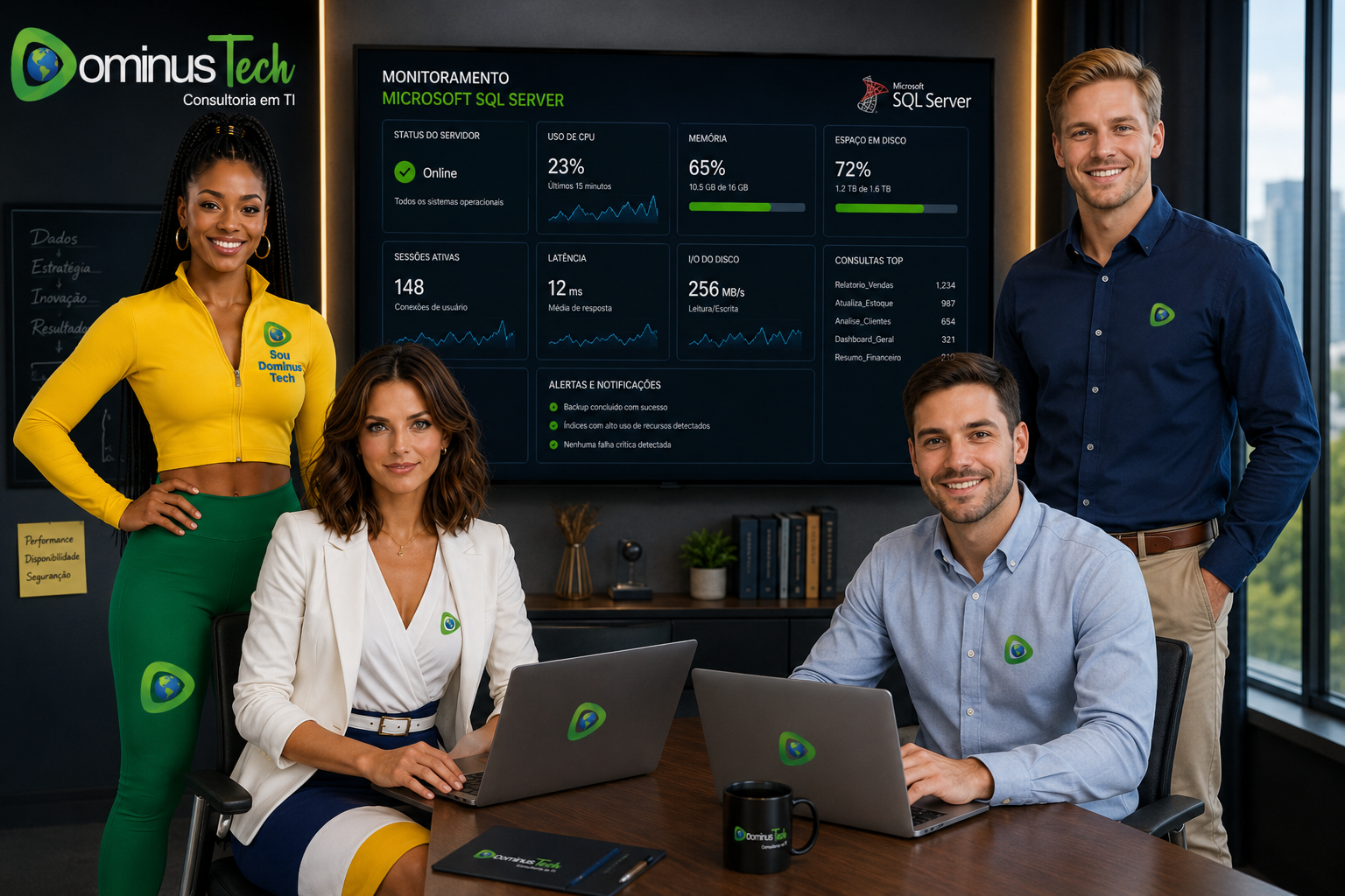 Equipe da Dominus Tech apresentando monitoramento Microsoft SQL Server em ambient