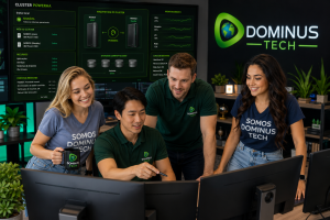 Equipe da Dominus Tech monitorando um ambiente Cluster PowerHA em servidores IBM Power, acompanhando dashboards de alta disponibilidade, failover automático, monitoramento de recursos e continuidade operacional em um centro de operações corporativo.