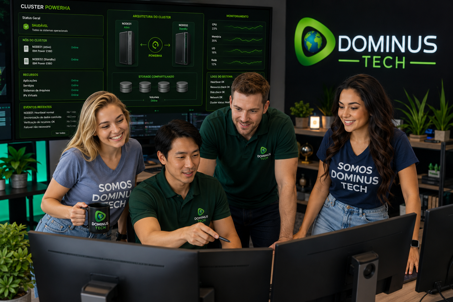 Equipe da Dominus Tech monitorando um ambiente Cluster PowerHA em servidores IBM Power, acompanhando dashboards de alta disponibilidade, failover automático, monitoramento de recursos e continuidade operacional em um centro de operações corporativo.