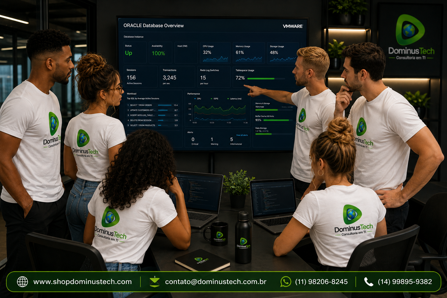 Equipe da Dominus Tech monitorando o desempenho de um ambiente Oracle em infraestrutura virtualizada, analisando dashboards corporativos de banco de dados, disponibilidade, desempenho e utilização de recursos em uma central moderna de operações de TI.