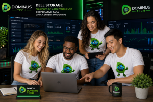 Equipe da Dominus Tech monitorando ambiente Dell Storage em data center corporativo, utilizando soluções de armazenamento empresarial para PowerStore, Unity XT, PowerScale e ECS com foco em desempenho, disponibilidade, escalabilidade e proteção de dados.