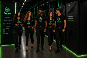 Equipe diversificada da Dominus Tech caminhando por um moderno datacenter corporativo enquanto monitora servidores IBM Power executando EDB Postgres em ambiente de alta disponibilidade e missão crítica.