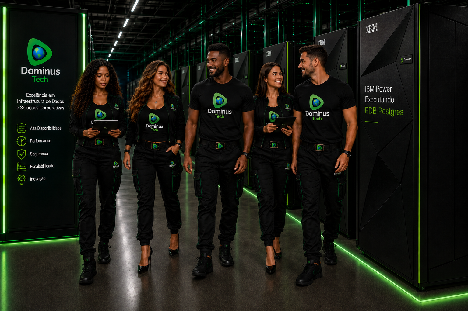 Equipe diversificada da Dominus Tech caminhando por um moderno datacenter corporativo enquanto monitora servidores IBM Power executando EDB Postgres em ambiente de alta disponibilidade e missão crítica.