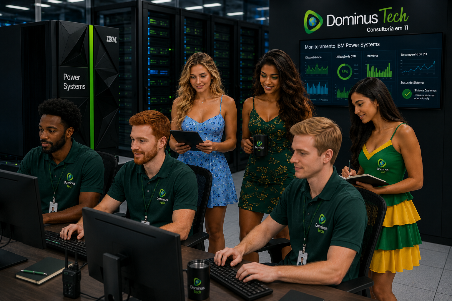 Equipe da Dominus Tech monitorando infraestrutura IBM Power em data center corporativo, acompanhando métricas de disponibilidade, desempenho e capacidade de aplicações críticas em ambiente empresarial.