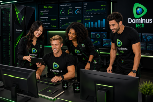 Equipe da Dominus Tech monitorando ambiente IBM Power executando IBM Db2 em datacenter corporativo com dashboards de observabilidade, performance, disponibilidade e capacidade.