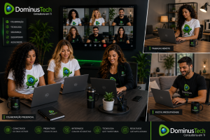 Equipe da Dominus Tech utilizando notebooks Dell Latitude em ambiente de trabalho híbrido, colaborando entre escritório corporativo moderno e operações de tecnologia, com profissionais uniformizados da empresa e foco em produtividade, mobilidade e transformação digital.