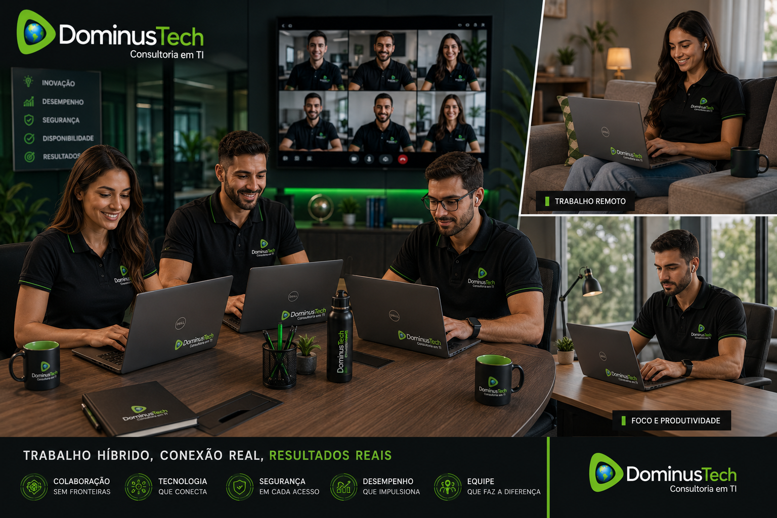 Equipe da Dominus Tech utilizando notebooks corporativos da linha Latitude em ambiente de trabalho híbrido, colaborando em projetos de infraestrutura, monitoramento, cloud híbrida e transformação digital.