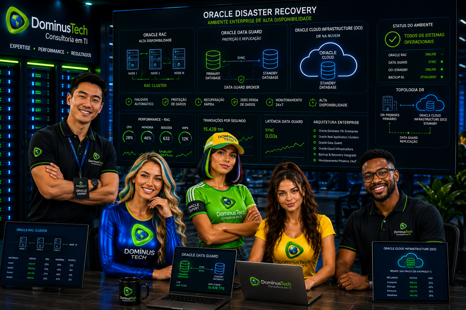 Equipe da Dominus Tech monitorando ambiente Oracle Disaster Recovery com Oracle RAC, Oracle Data Guard e Oracle Cloud Infrastructure (OCI), utilizando dashboards corporativos de alta disponibilidade, replicação de banco de dados e recuperação de desastres em ambiente enterprise.