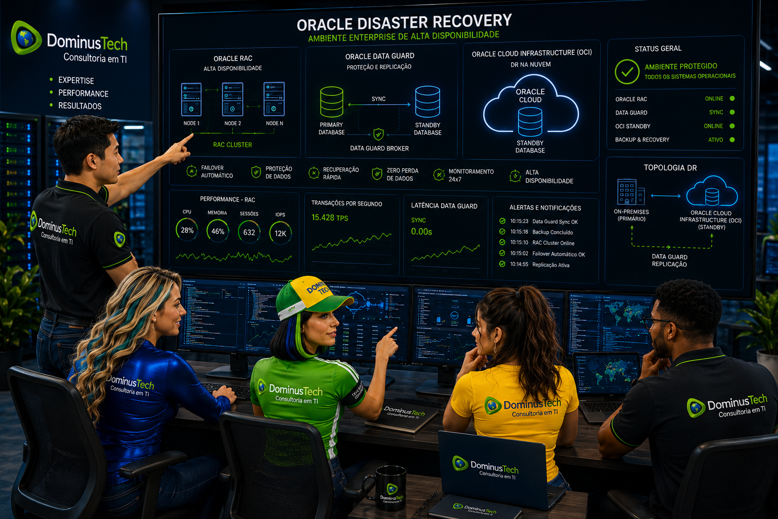 Equipe da Dominus Tech monitorando Oracle Disaster Recovery com Oracle RAC, Oracle Data Guard e Oracle Cloud Infrastructure (OCI) através de dashboards corporativos de alta disponibilidade, proteção de dados e recuperação de desastres.