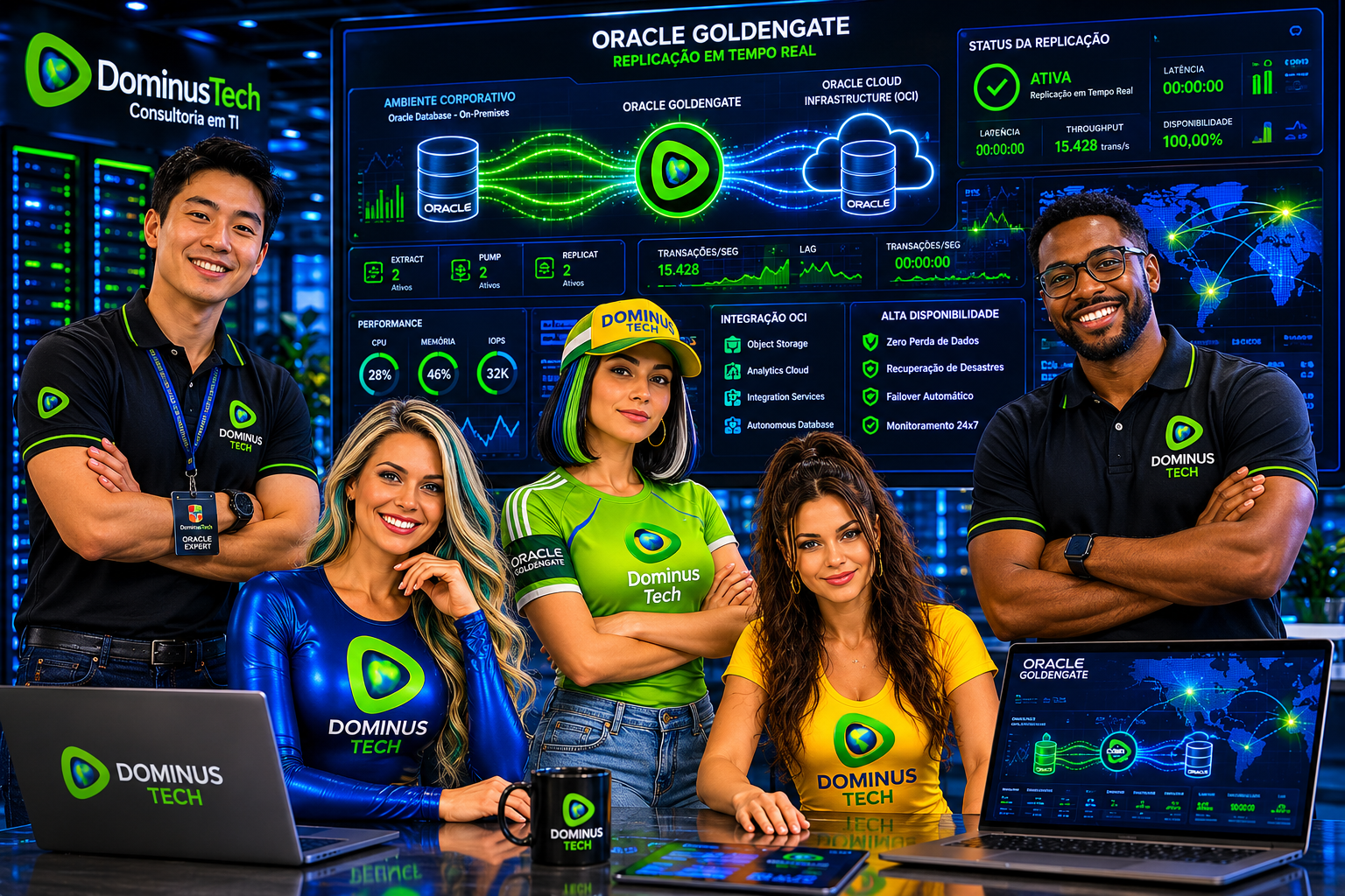 Equipe da Dominus Tech monitorando ambiente Oracle GoldenGate com replicação Oracle Database em tempo real, integração Oracle Cloud, dashboards corporativos, alta disponibilidade e monitoramento de performance em datacenter enterprise.