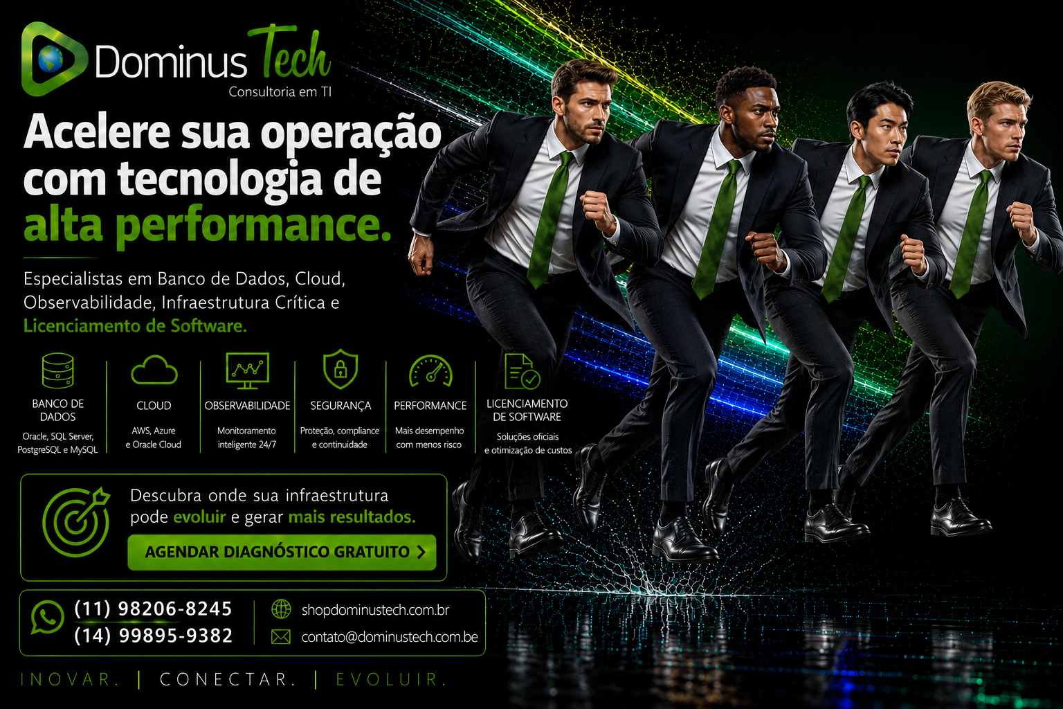 Banner institucional da Dominus Tech com atleta tecnológica correndo em alta velocidade, representando performance, inovação, cloud computing, observabilidade, infraestrutura crítica, banco de dados e licenciamento de software.