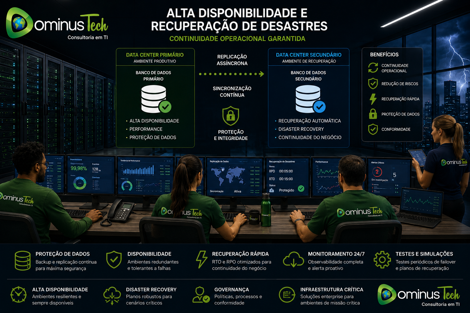 Continuidade operacional e recuperação de desastres em bancos de dados corporativos com replicação, alta disponibilidade, proteção de dados e monitoramento 24x7 em ambiente enterprise da Dominus Tech.