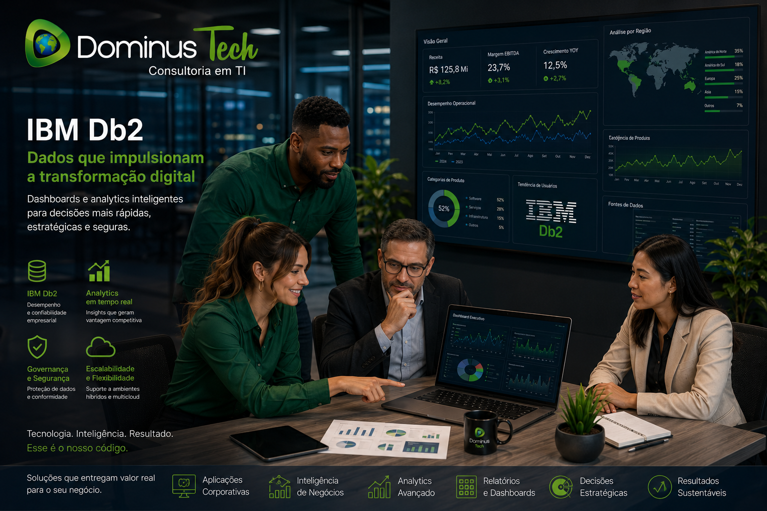 Equipe corporativa utilizando dashboards e analytics alimentados por IBM Db2 em ambiente enterprise de transformação digital.