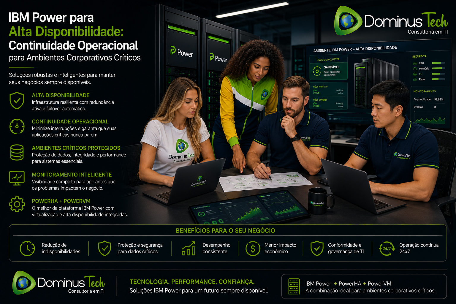 Equipe da Dominus Tech analisando uma infraestrutura IBM Power voltada para alta disponibilidade, utilizando dashboards de monitoramento, redundância ativa e PowerHA para garantir continuidade operacional em ambientes corporativos críticos.