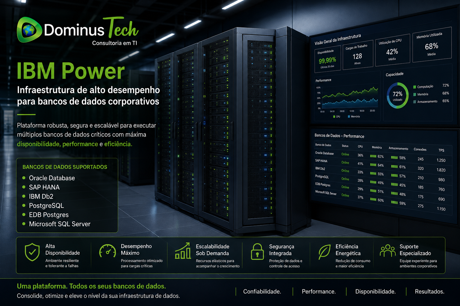 Infraestrutura IBM Power executando Oracle Database, SAP HANA, IBM Db2, PostgreSQL, EDB Postgres e Microsoft SQL Server em ambiente corporativo com alta disponibilidade e monitoramento em tempo real.