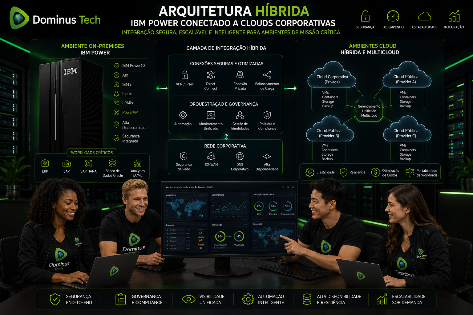 IBM Power integrado a cloud híbrida e multicloud corporativa com equipe especializada da Dominus Tech monitorando infraestrutura crítica, virtualização PowerVM, LPARs e dashboards analíticos.