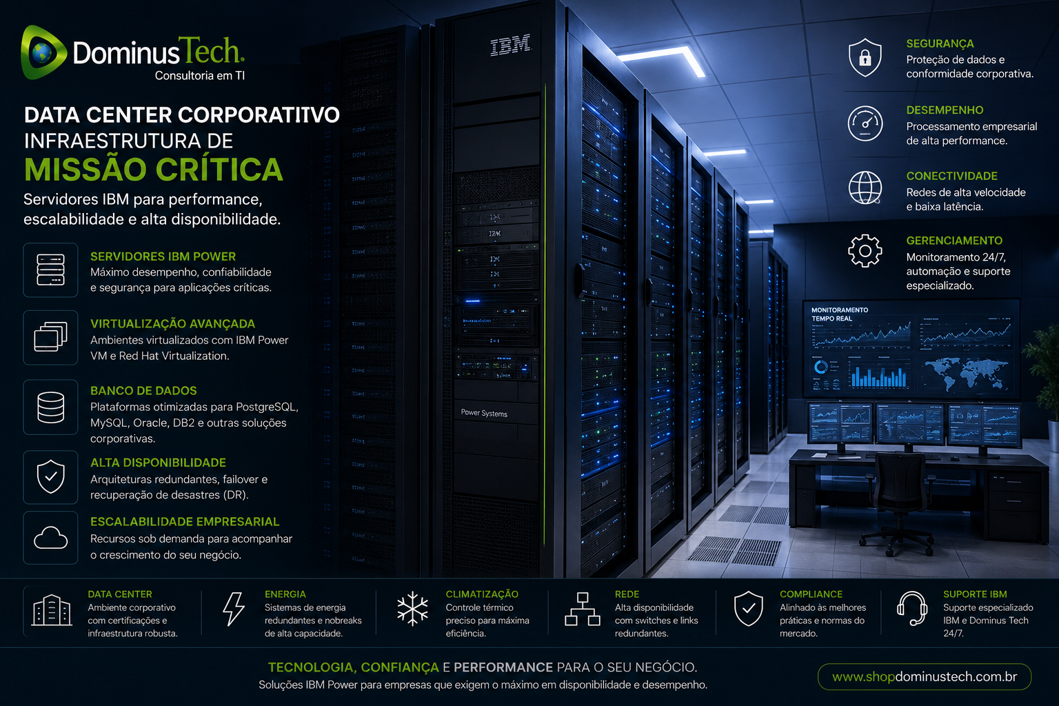 Servidores IBM para infraestrutura corporativa, bancos de dados e aplicações críticas em data center empresarial de alta disponibilidade.
