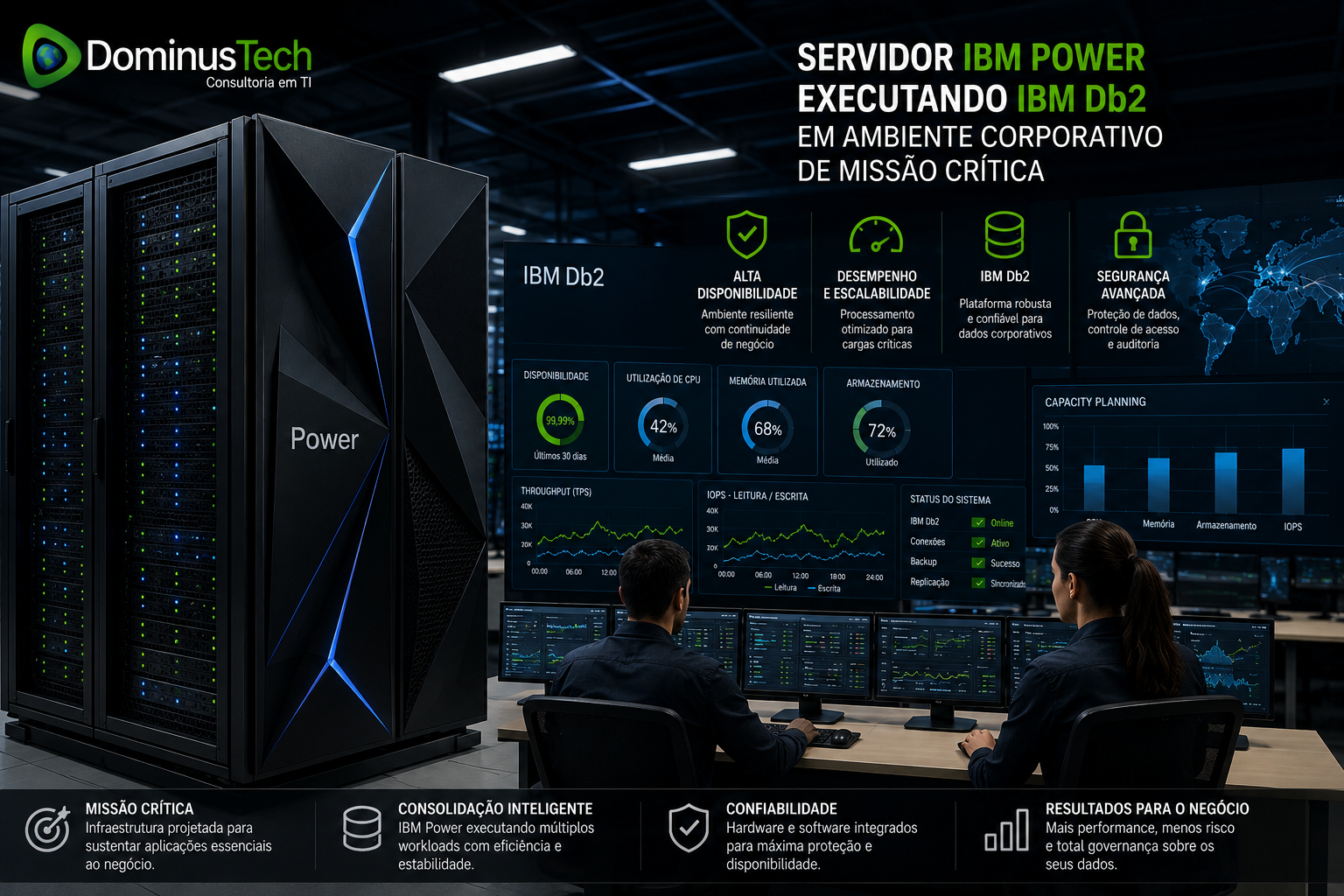 Servidor IBM Power executando IBM Db2 em ambiente corporativo de missão crítica com dashboards de observabilidade, alta disponibilidade, monitoramento em tempo real e gestão avançada de desempenho.