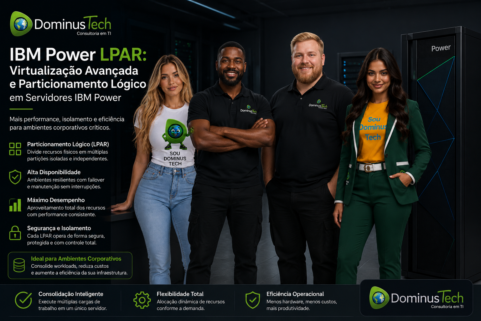 Equipe da Dominus Tech apresentando IBM Power LPAR em ambiente corporativo de datacenter, destacando virtualização avançada, particionamento lógico, alta disponibilidade e eficiência operacional.