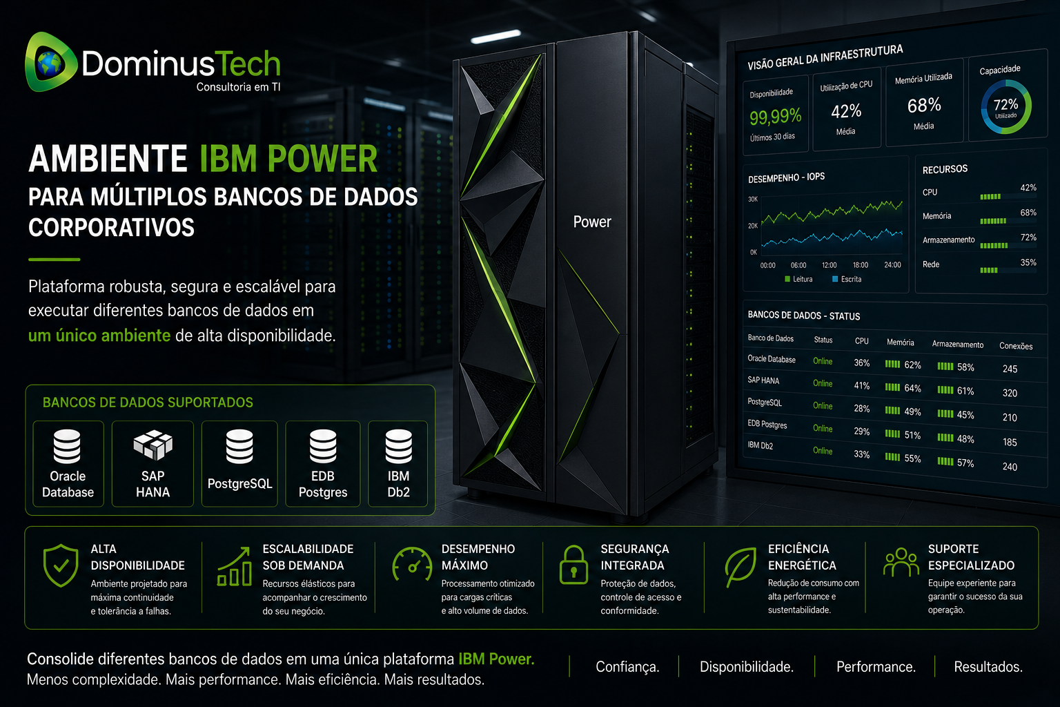 Ambiente IBM Power suportando Oracle Database, SAP HANA, PostgreSQL, EDB Postgres e IBM Db2 em infraestrutura corporativa com alta disponibilidade, desempenho e monitoramento avançado.