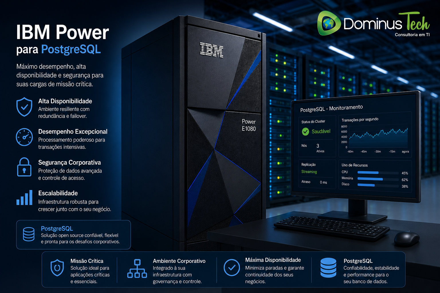 Servidor IBM Power executando PostgreSQL em ambiente corporativo de alta disponibilidade com monitoramento em tempo real e infraestrutura crítica empresarial.