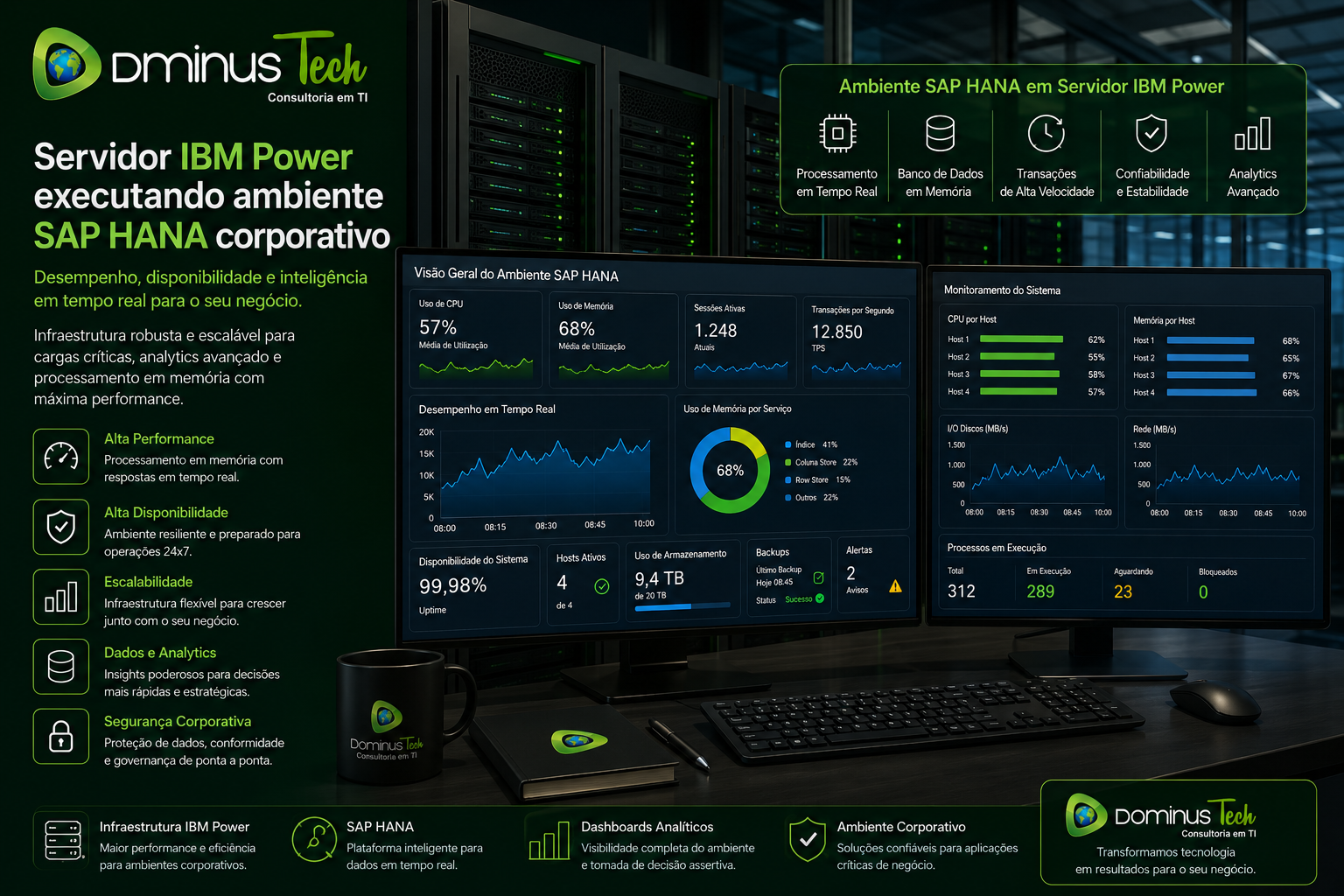 Servidor IBM Power executando ambiente SAP HANA corporativo com dashboards analíticos em tempo real, monitoramento de desempenho, infraestrutura de alta disponibilidade, analytics empresarial e processamento de dados críticos em ambiente corporativo moderno.