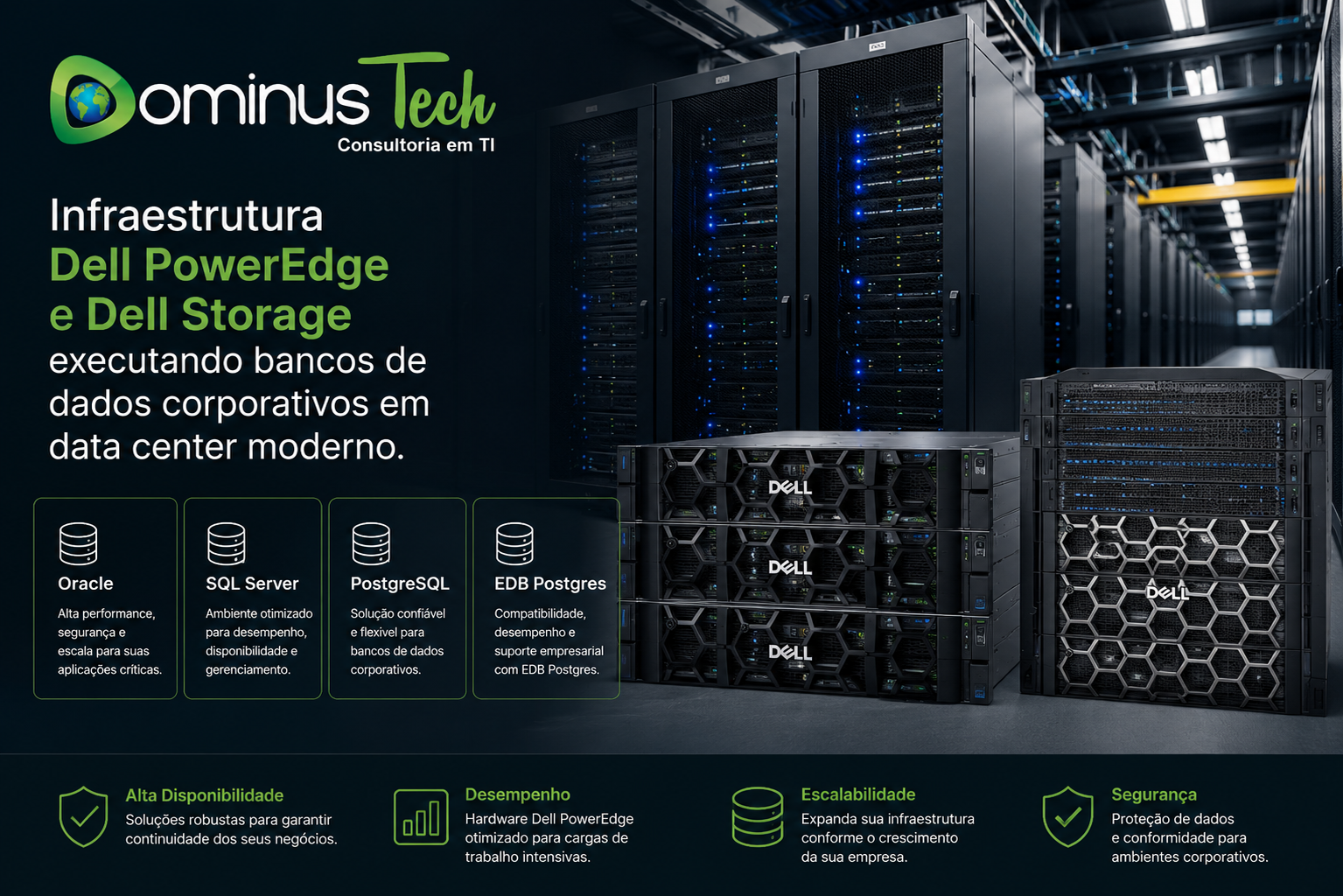 Infraestrutura Dell PowerEdge e Dell Storage em data center corporativo moderno executando ambientes de banco de dados Oracle, SQL Server, PostgreSQL e EDB Postgres, com alta disponibilidade, desempenho, escalabilidade e segurança.