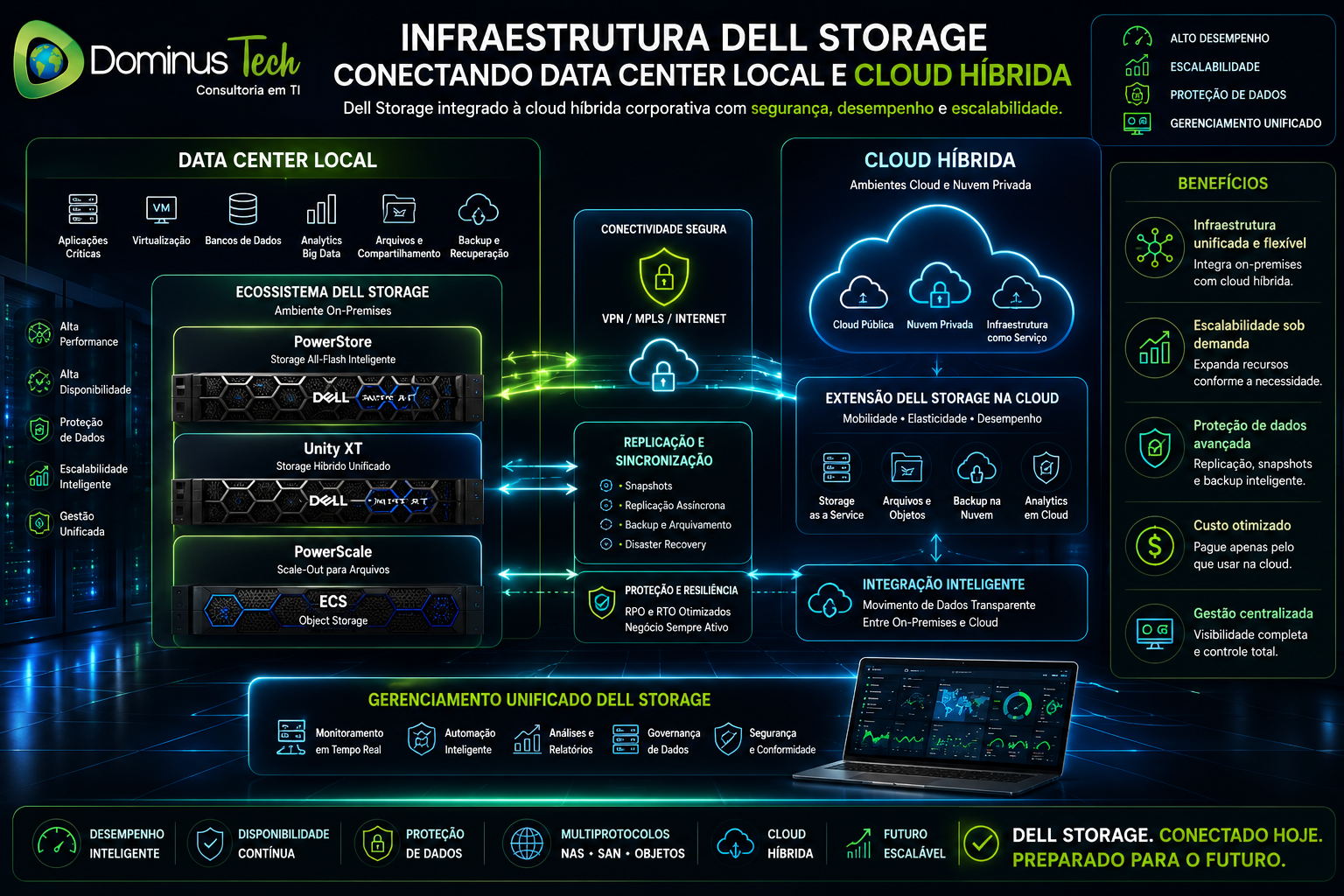 Infraestrutura Dell Storage conectando Data Center local à cloud híbrida corporativa, integrando PowerStore, Unity XT, PowerScale e ECS para alta disponibilidade, proteção de dados, escalabilidade e gerenciamento unificado.