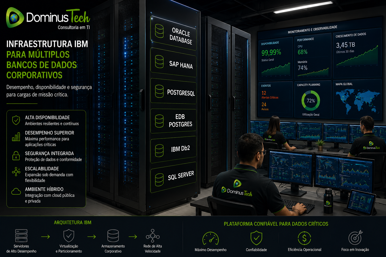 Servidores IBM em ambiente corporativo executando Oracle Database, SAP HANA, PostgreSQL, EDB Postgres, IBM Db2 e SQL Server com dashboards de monitoramento, performance e observabilidade.