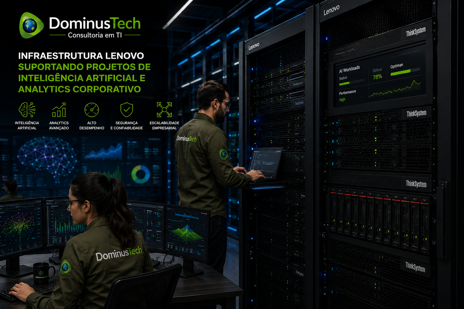 Equipe da Dominus Tech operando infraestrutura Lenovo em data center corporativo para projetos de inteligência artificial e analytics empresarial, com servidores ThinkSystem, dashboards analíticos e ambiente de alta disponibilidade. Lenovo Infrastructure Solutions