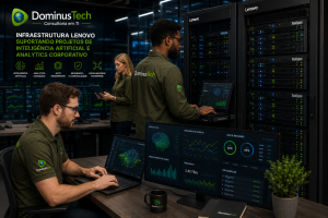 Equipe da Dominus Tech trabalhando em um data center corporativo com infraestrutura Lenovo para projetos de Inteligência Artificial e Analytics, utilizando servidores ThinkSystem, dashboards analíticos e ambiente de alta disponibilidade.