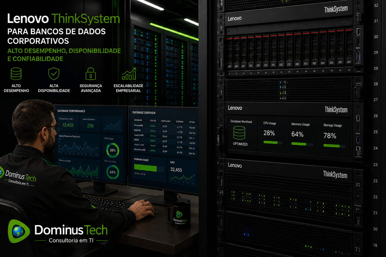 Infraestrutura Lenovo ThinkSystem executando bancos de dados corporativos em um data center moderno, com profissional da Dominus Tech monitorando desempenho, disponibilidade e segurança dos ambientes críticos.