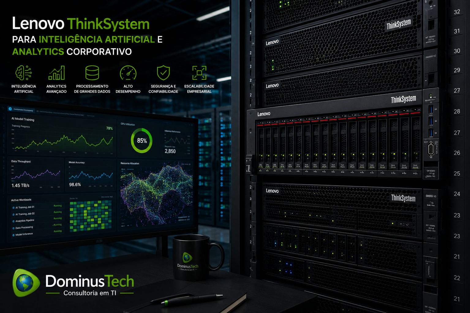 Infraestrutura Lenovo ThinkSystem utilizada para inteligência artificial e analytics corporativo em data center moderno, com equipe técnica da Dominus Tech monitorando servidores de alta performance para aplicações empresariais críticas.