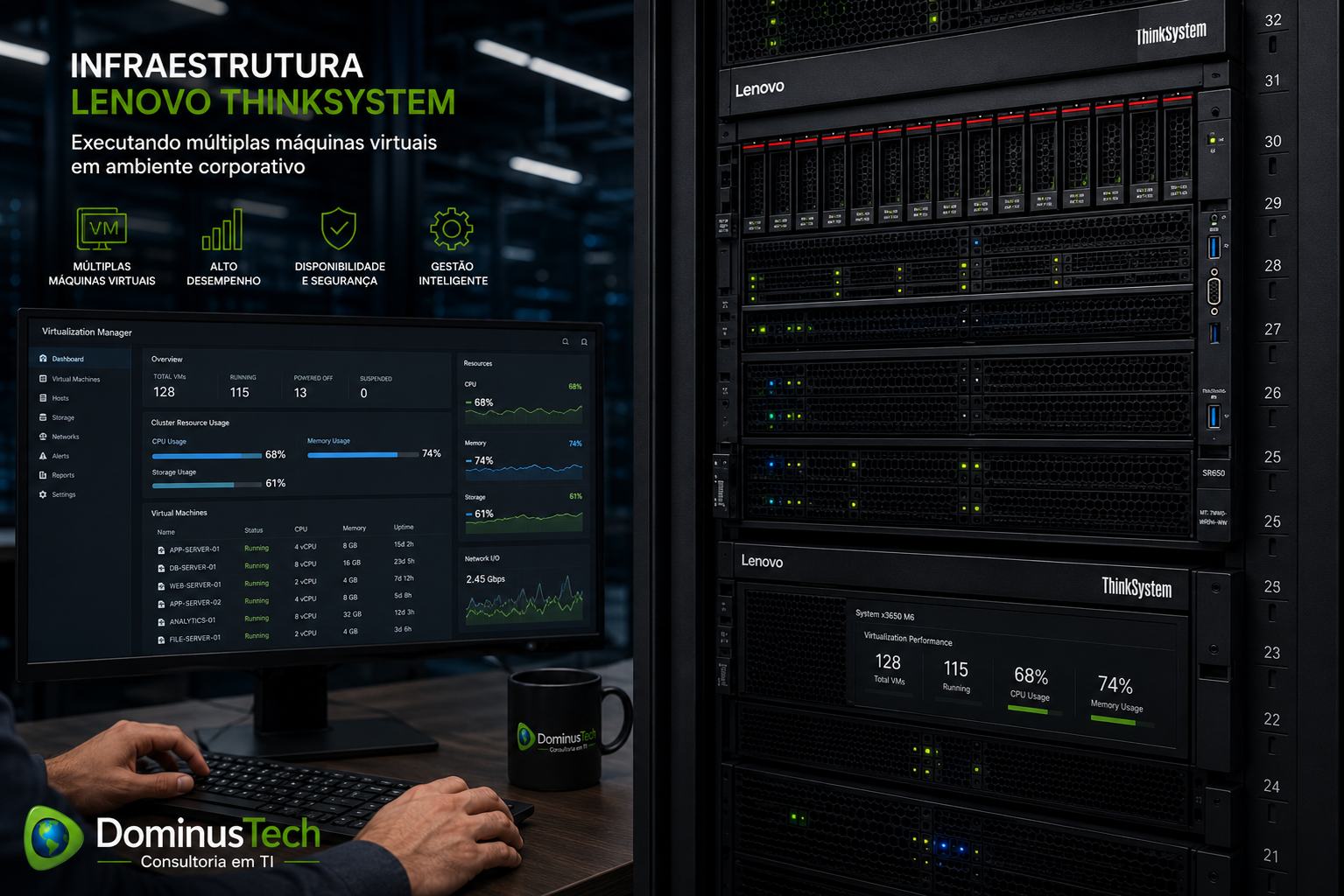 Infraestrutura Lenovo ThinkSystem executando múltiplas máquinas virtuais em ambiente corporativo, com dashboard de virtualização, servidores em rack e monitoramento de desempenho para workloads empresariais, implementada pela Dominus Tech.