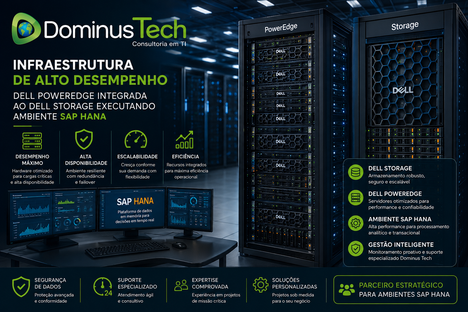 Infraestrutura corporativa de alta performance com servidores e storage integrados executando ambiente SAP HANA em data center moderno, com serviços de consultoria e suporte da Dominus Tech.