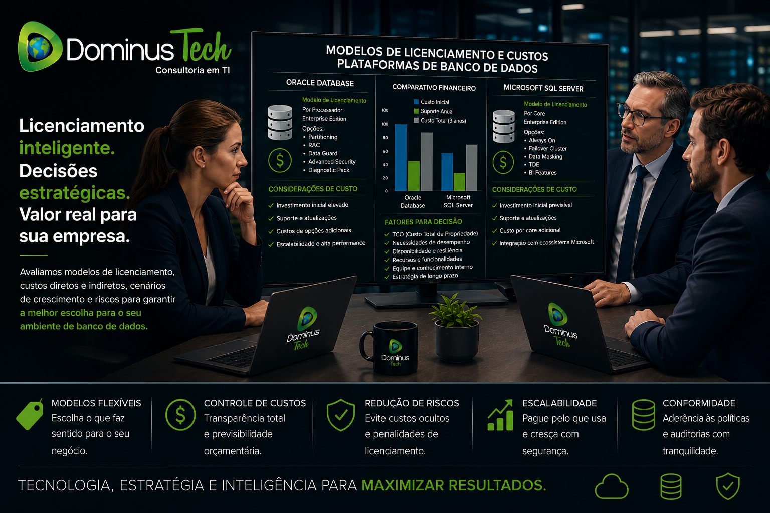 Executivos avaliando modelos de licenciamento corporativo de plataformas de banco de dados empresariais em reunião estratégica com dashboards financeiros e análises de custos.