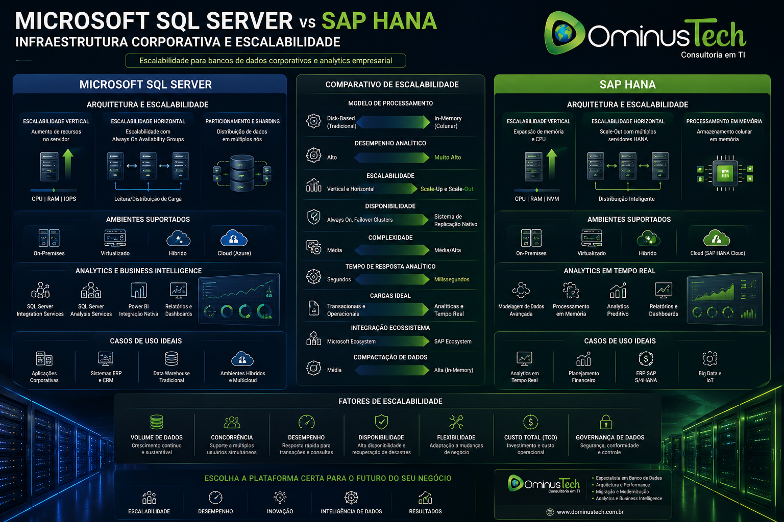 Comparação visual entre Microsoft SQL Server e SAP HANA destacando escalabilidade corporativa, analytics empresarial, infraestrutura de banco de dados, cloud híbrida, alta disponibilidade e ambientes empresariais modernos.