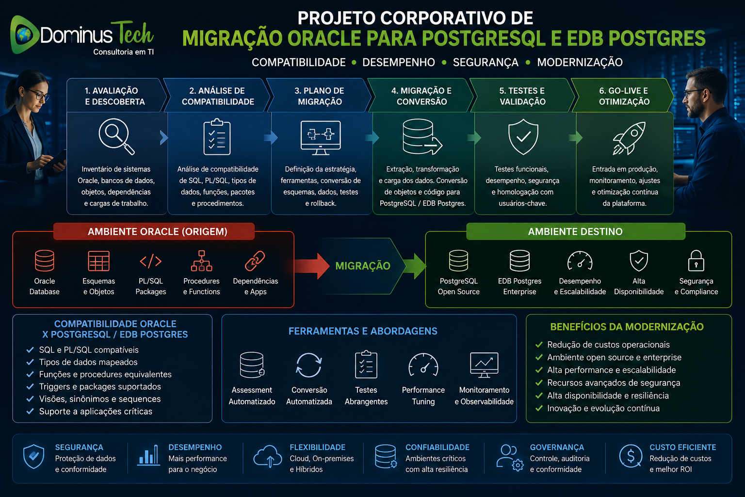 Compatibilidade Oracle e modernização de bancos de dados corporativos através de projeto estruturado de migração para PostgreSQL e EDB Postgres Enterprise.