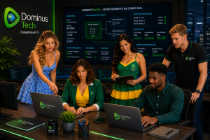 Profissionais da Dominus Tech acompanhando dashboards de monitoramento MySQL com métricas de desempenho, replicação, disponibilidade e segurança em ambiente corporativo moderno.