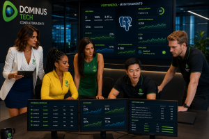 Equipe de TI monitorando PostgreSQL em tempo real com dashboards de performance e replicação